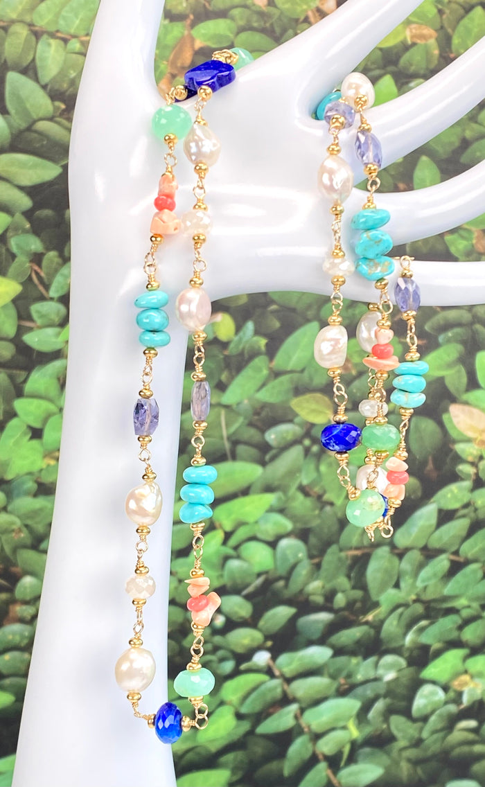Multi Gemstone Pearl Long Gold Necklace Coral Lapis Chrysoprase - Doolittle
