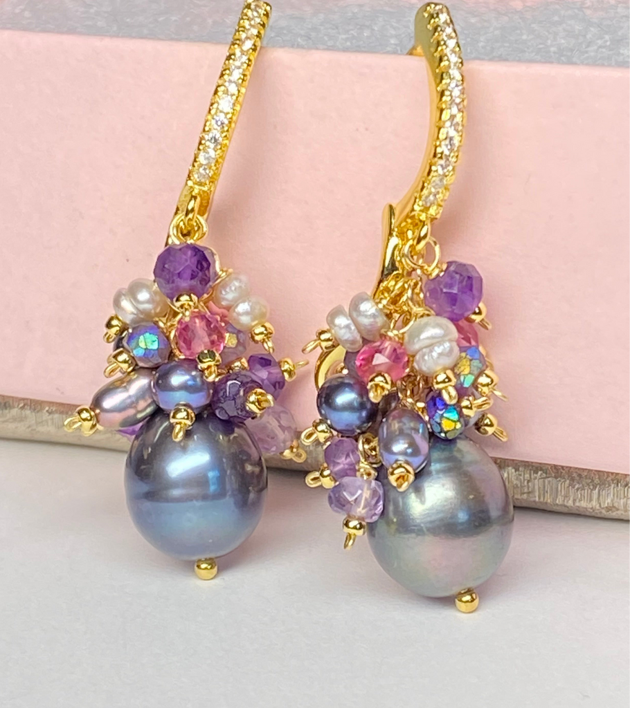 Black Peacock Pearl Earrings Amethyst and Pink Gemstone Clusters Gold Fill