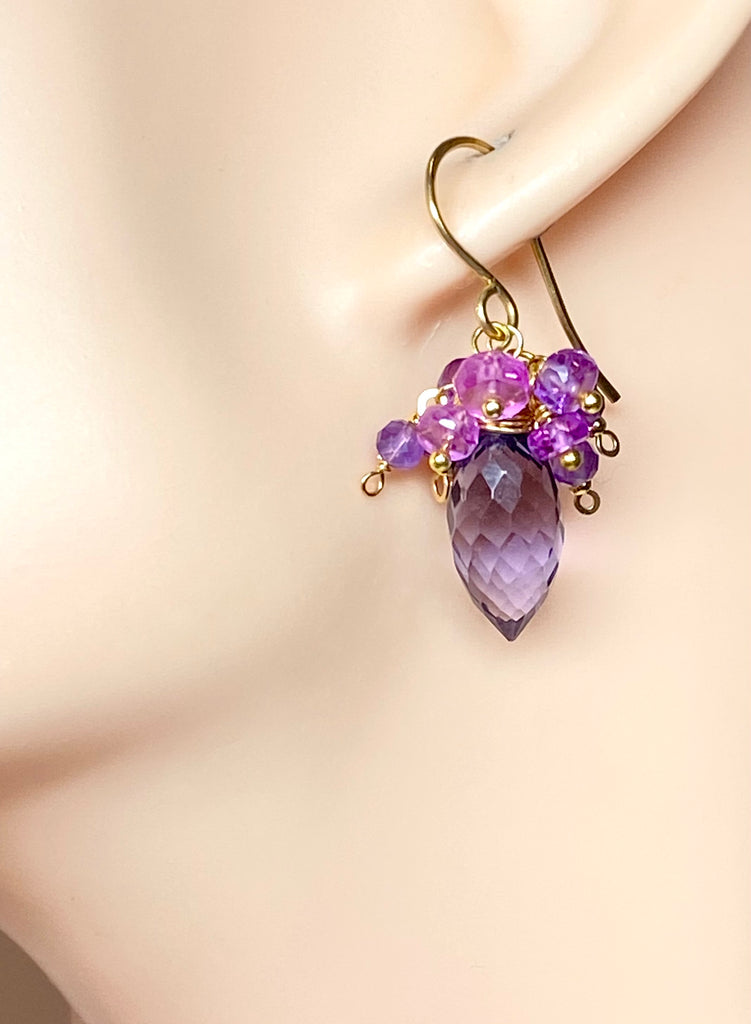Amethyst, Violet Sapphire Cluster Earrings, Gold Fill