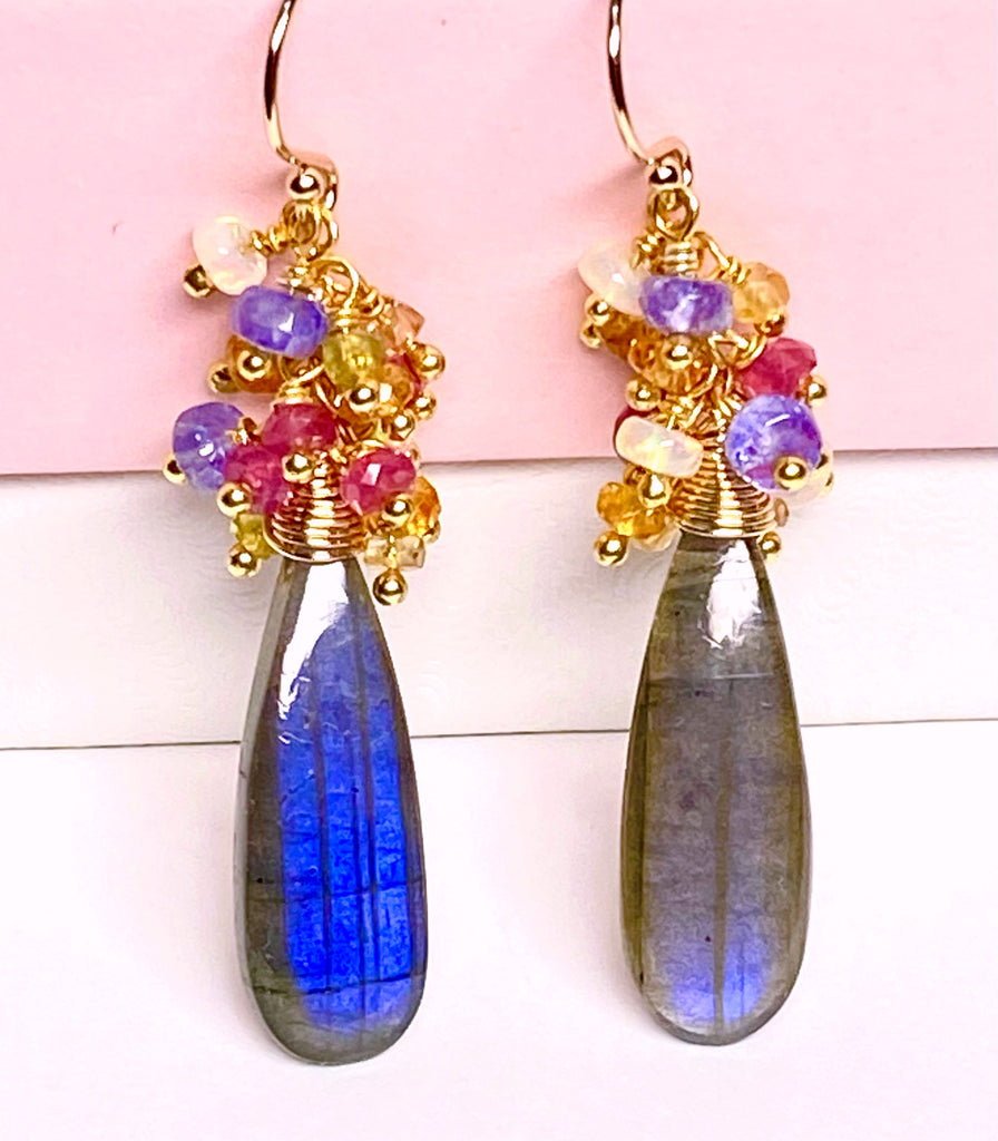 Labradorite and Sapphire Long Cluster Dangle Earrings Gold Fill