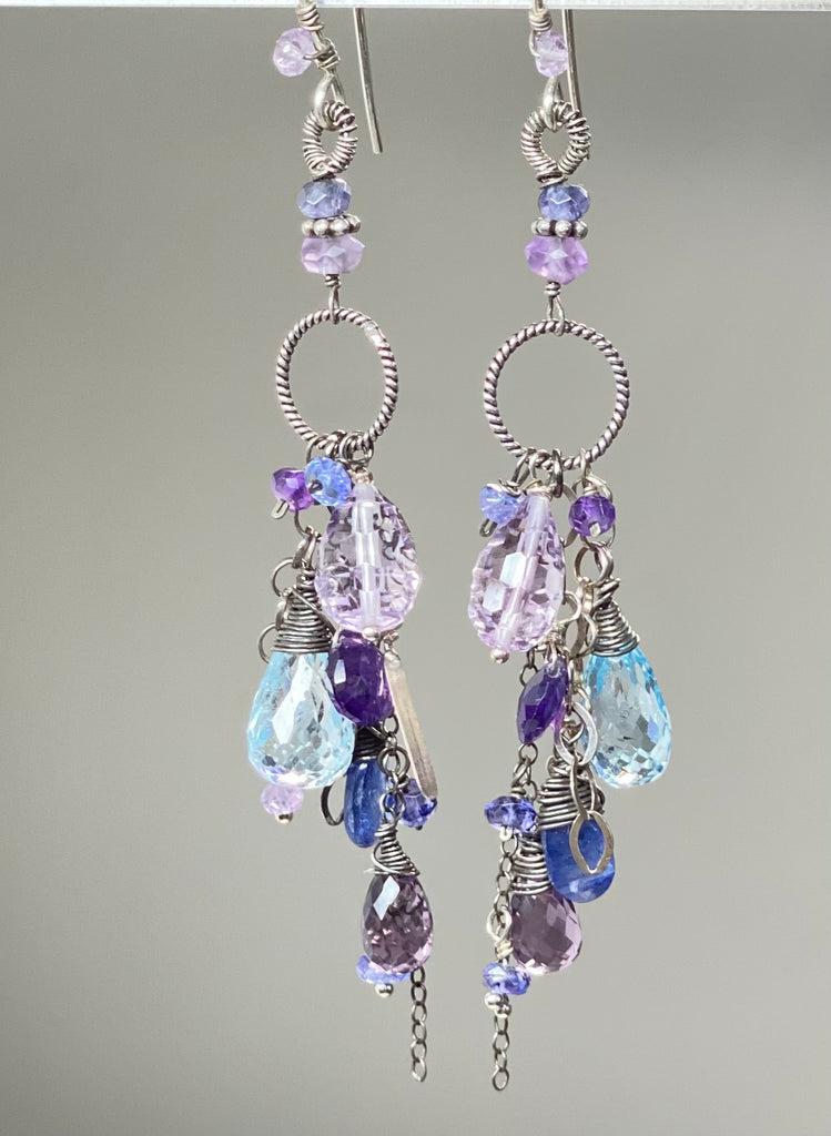 Blue Violet Boho Dangle Earrings Amethyst, Blue Topaz, Kyanite, Oxidized Sterling Silver