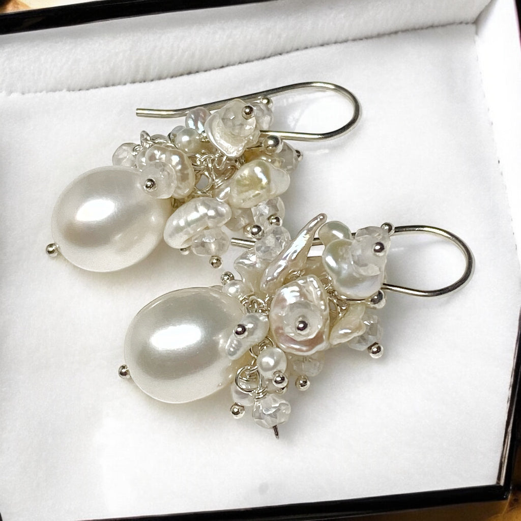 Baroque Pearl Bridal Cluster Earrings Sterling Silver