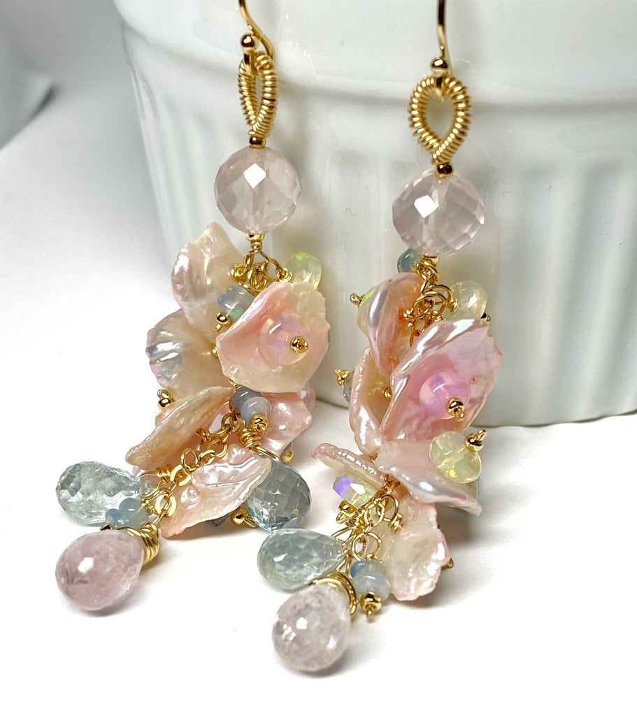 Aquamarine, Opal Gemstone and Keishi Pearl Dangle Wedding Earrings