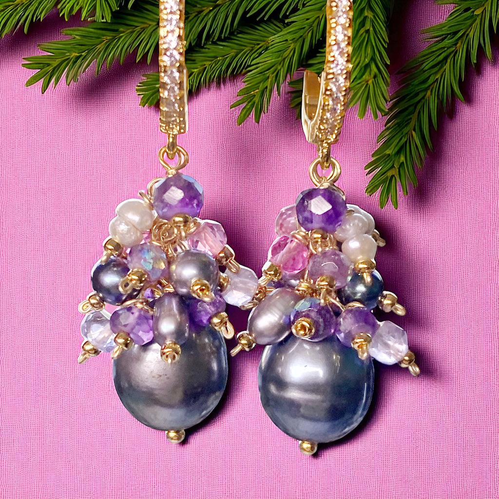 Black Peacock Pearl Earrings Amethyst and Pink Gemstone Clusters Gold Fill