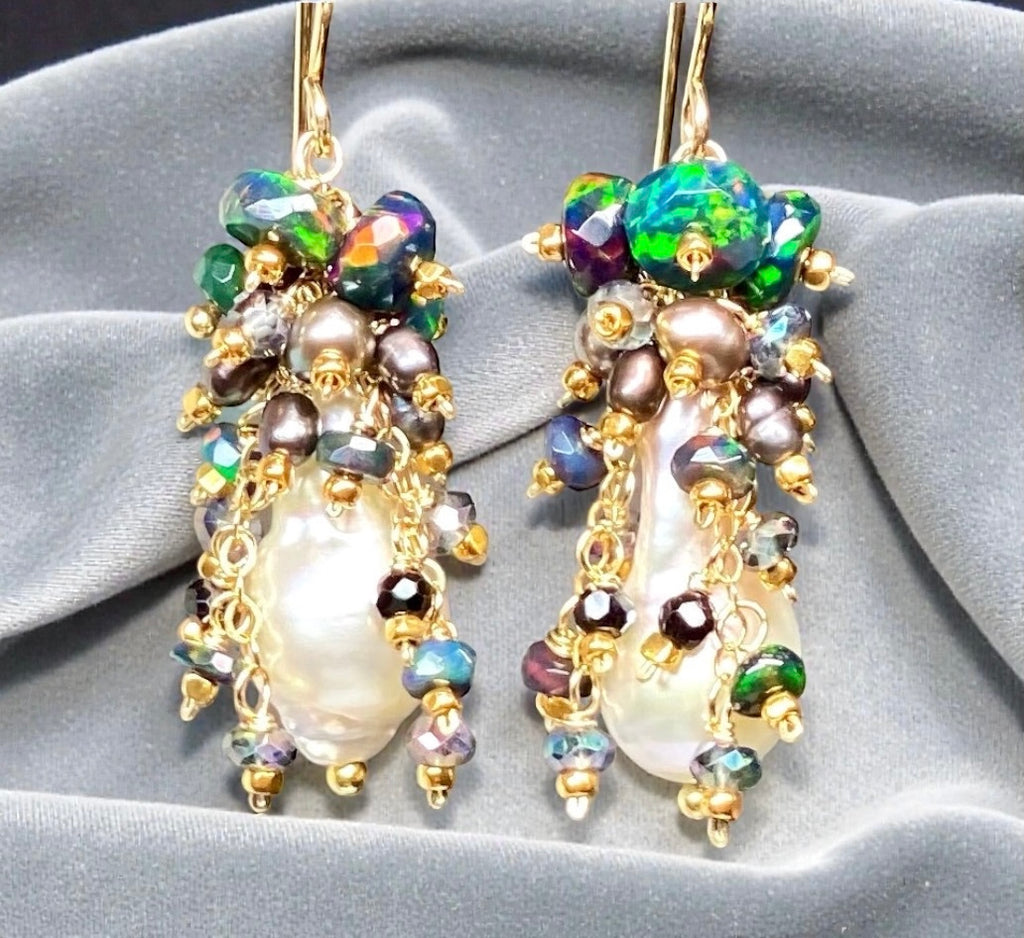 Baroque Pearl Earrings with Fiery Black Ethiopian Opals 3