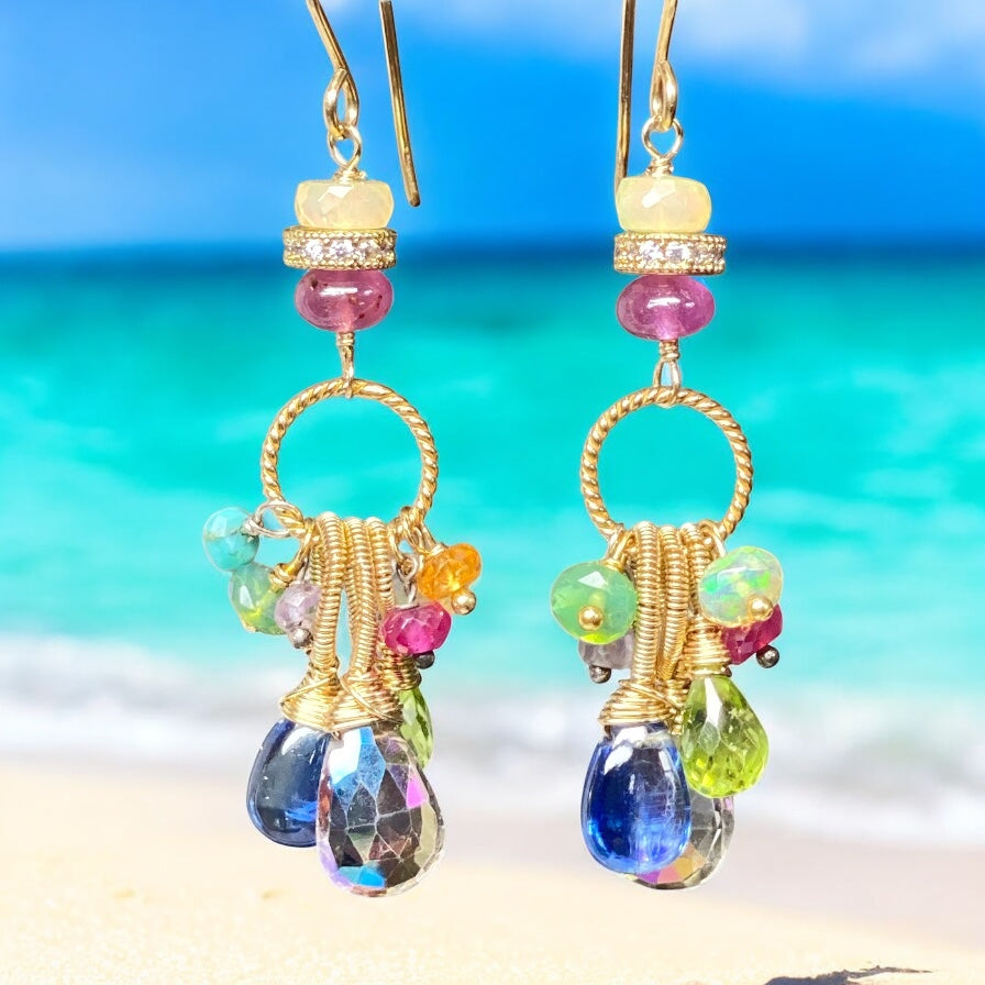 Multi Gemstone Dangle Earrings, Coiled Gold Wire, Handmade 2