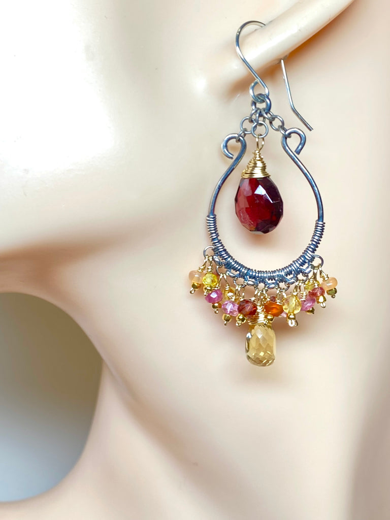 Garnet citrine mixed metal chandelier hoop earrings on mannequin ear