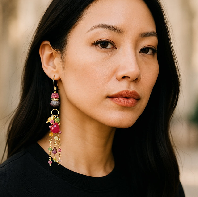 Violet Sapphire, Multi Gemstone Gold Fill Long Dangle Earrings