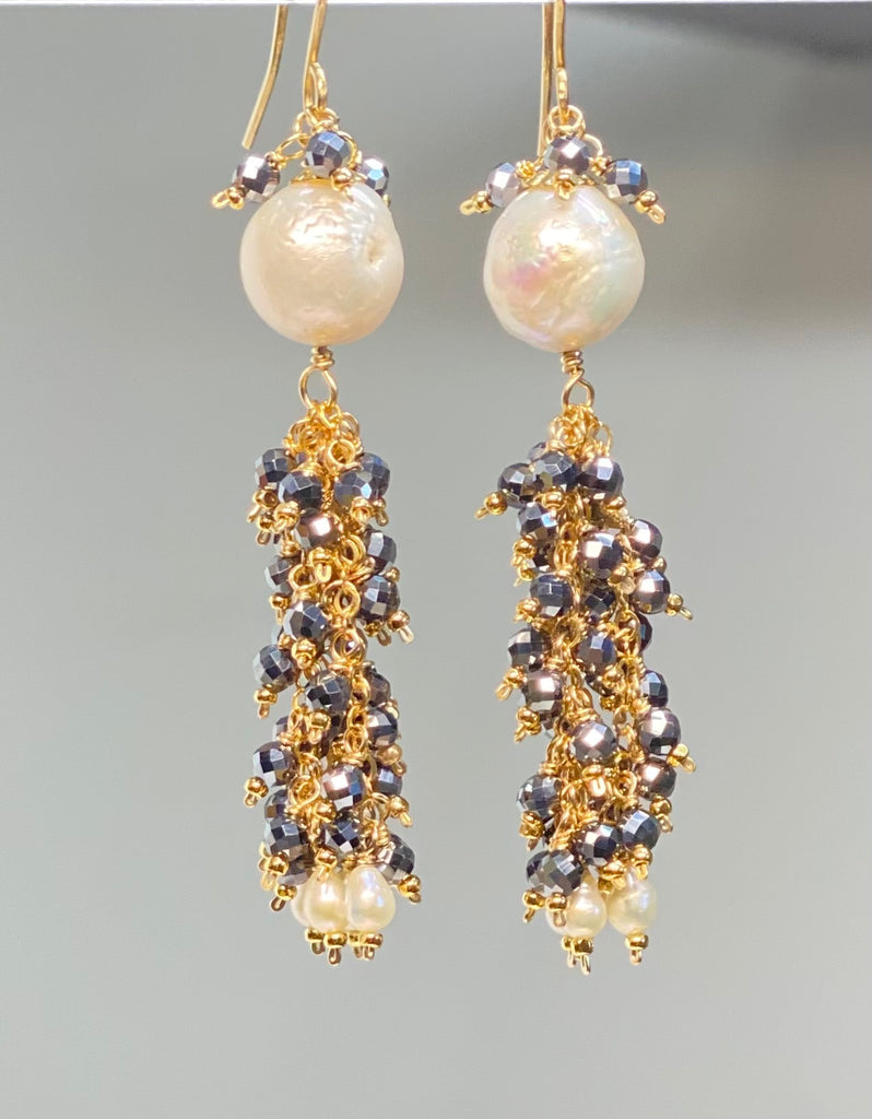 Edison Pearl, Sparkly Black Gem Tassel Earrings Gold Fill