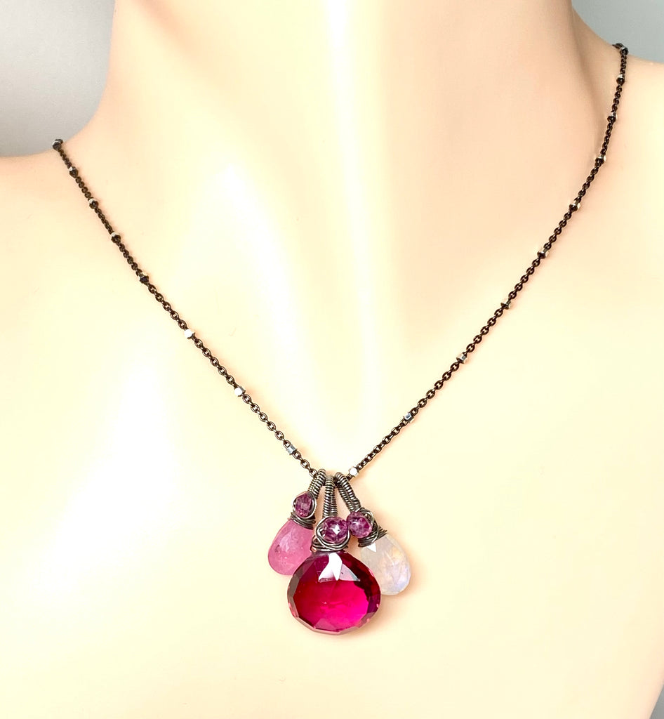 Pink Sapphire, Moonstone, Multi Gemstone Pendant, Oxidized Silver