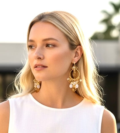 Rainbow Moonstone Gold Labradorite Chandelier Hoop Earrings Gold Fill