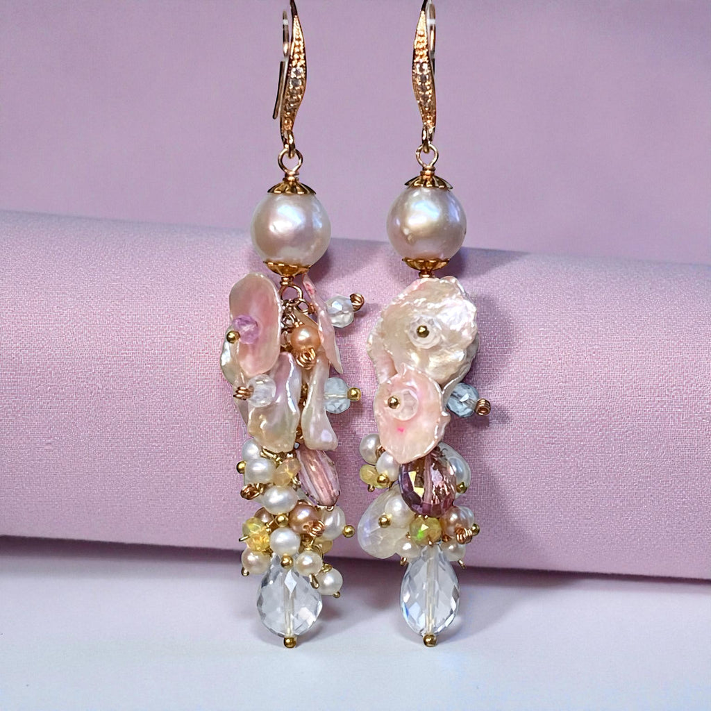 Blush Keishi Pearl Pink Topaz Ivory Pearl Rose Gold Long Dangle Bridal Earrings