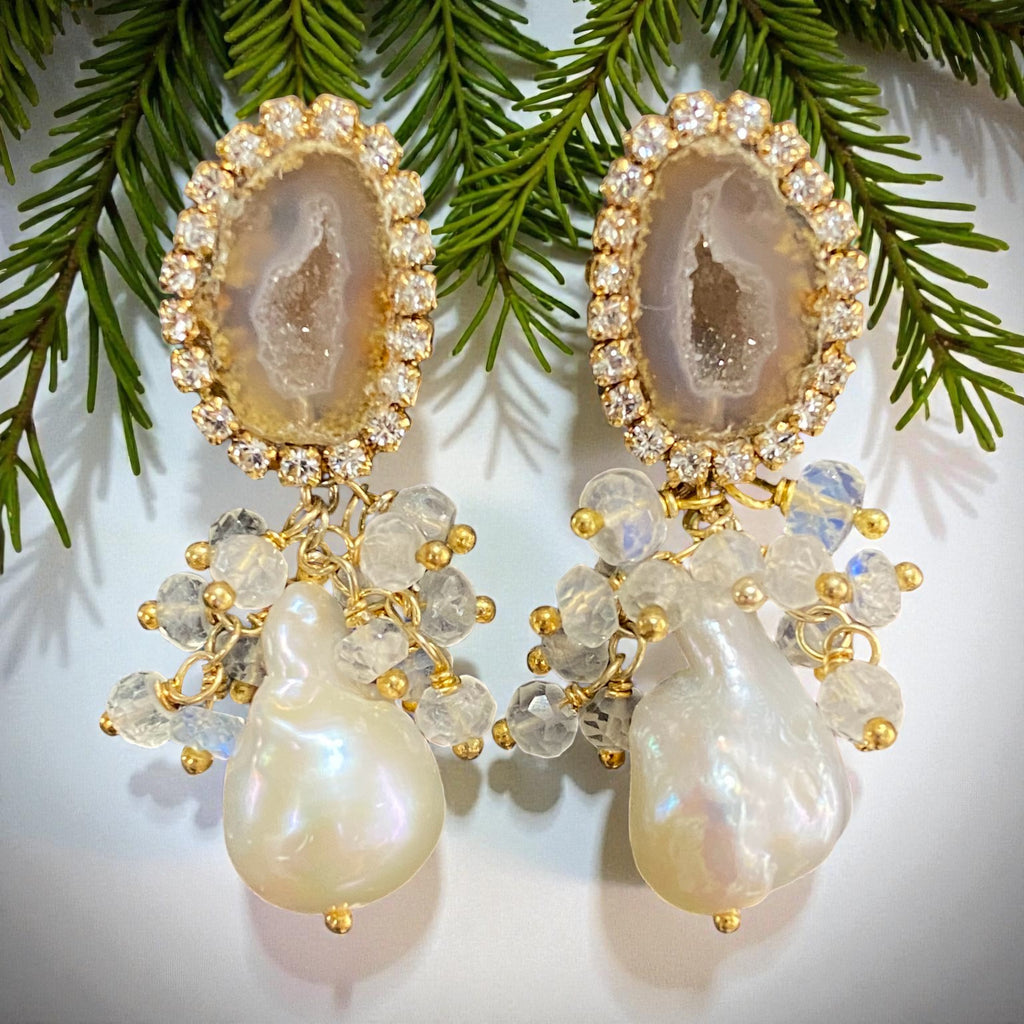 Golden Beige Tabasco Geode and Ivory White Baroque Pearl Earrings