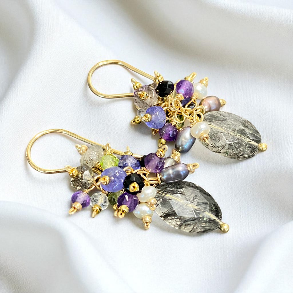 Black Rutilated Quartz Tanzanite Peridot Amethyst Cluster Earrings 2