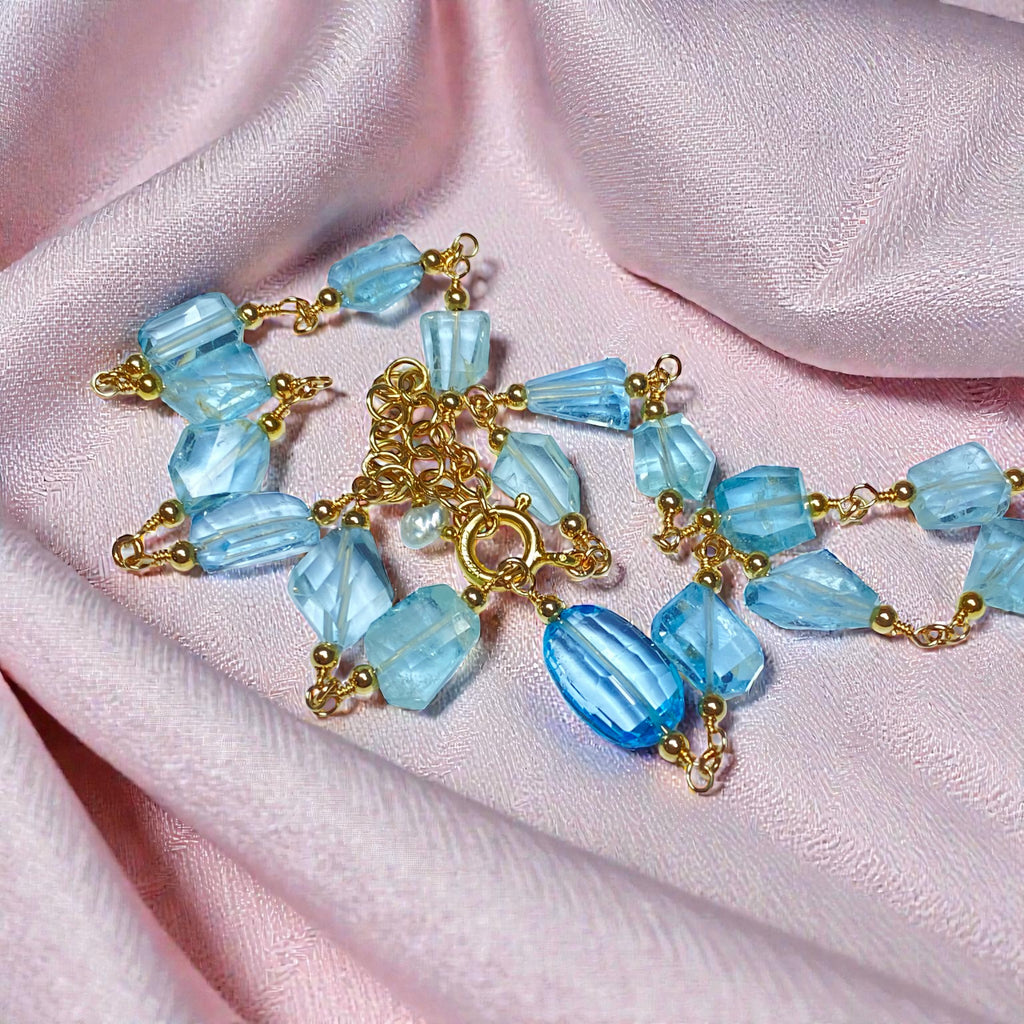 Blue Topaz and Aquamarine 14K Gold Fill Necklace Rosary Style Wire Wrap