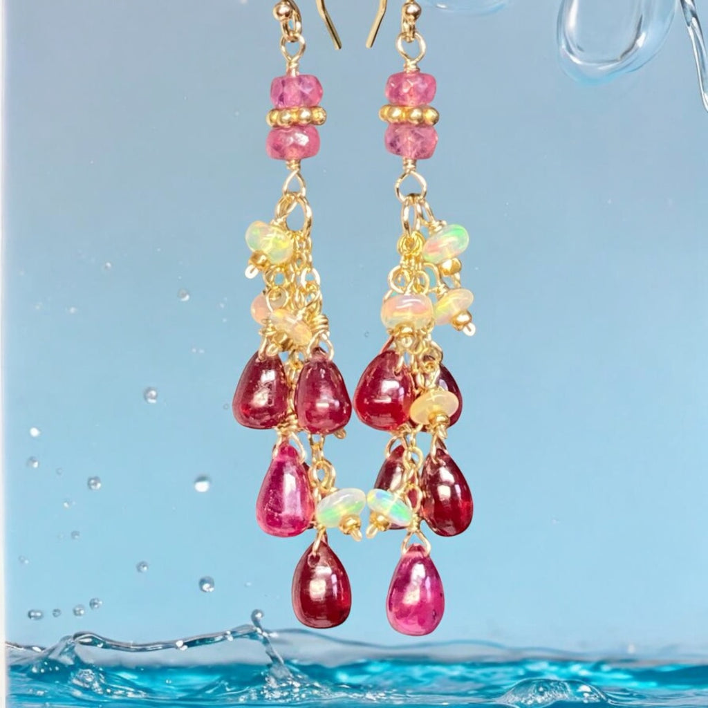 Pink Sapphire and Opal Tassel Earrings, Gold Fill