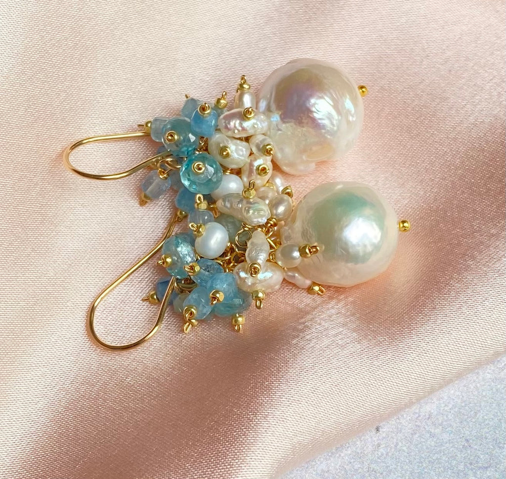 Blue Zircon Pearl Cluster Earrings Gold Post