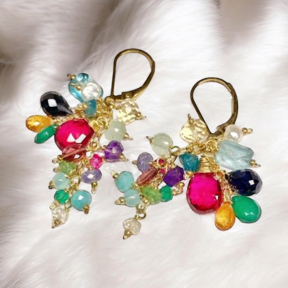 Rainbow Gemstone Cluster Dangle Earrings with Pink Red Topaz Gold Fill