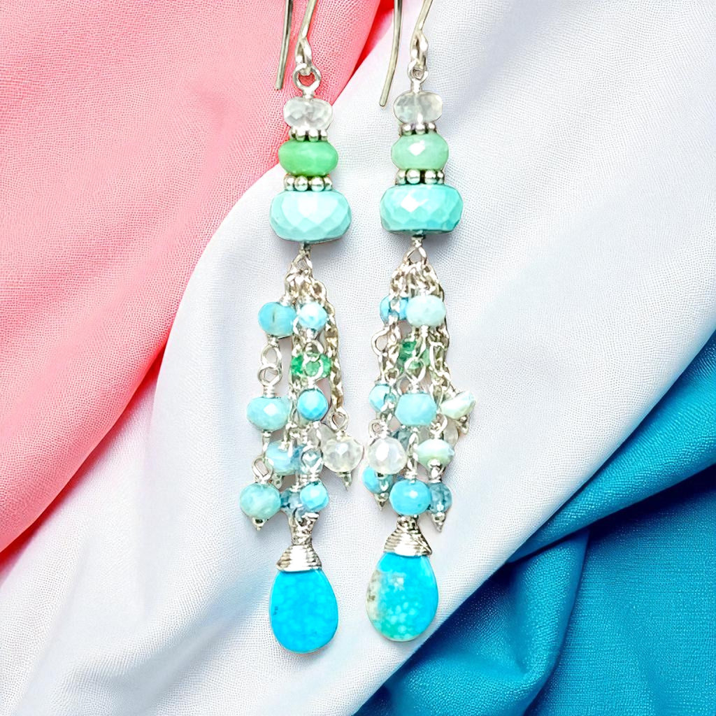 Multi Gemstone Gem Dangle Earrings, Tassel Style, Turquoise, Chrysoprase, Sterling Silver
