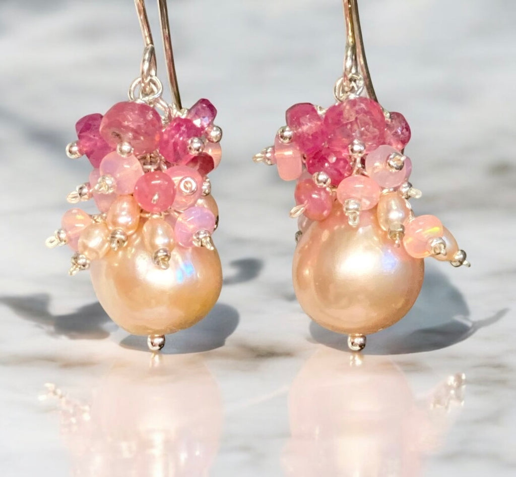 Pink Pearl Earrings with Pink Sapphire and Opal Clusters