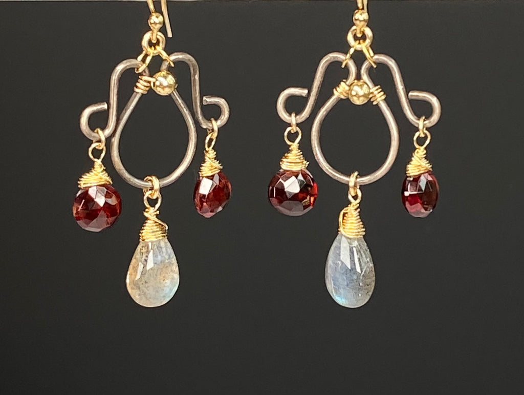 Red Garnet Heart & Labradorite Chandelier Earrings, Oxidized Silver & Gold Fill