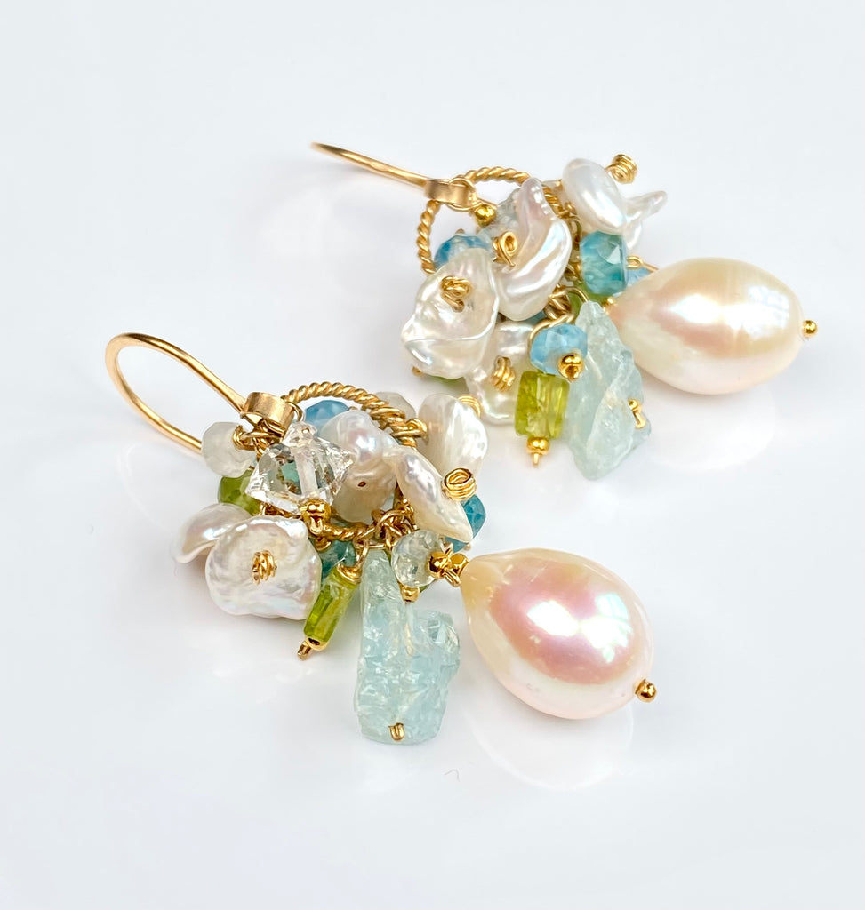 Ivory Baroque Pearl Earrings Clusters of Aquamarine, Peridot, Herkimer Diamond Quartz