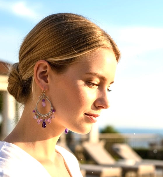 Blue Violet Oxidized Silver Hoop Chandelier Earrings Iolite, Lavender, Purple Amethyst