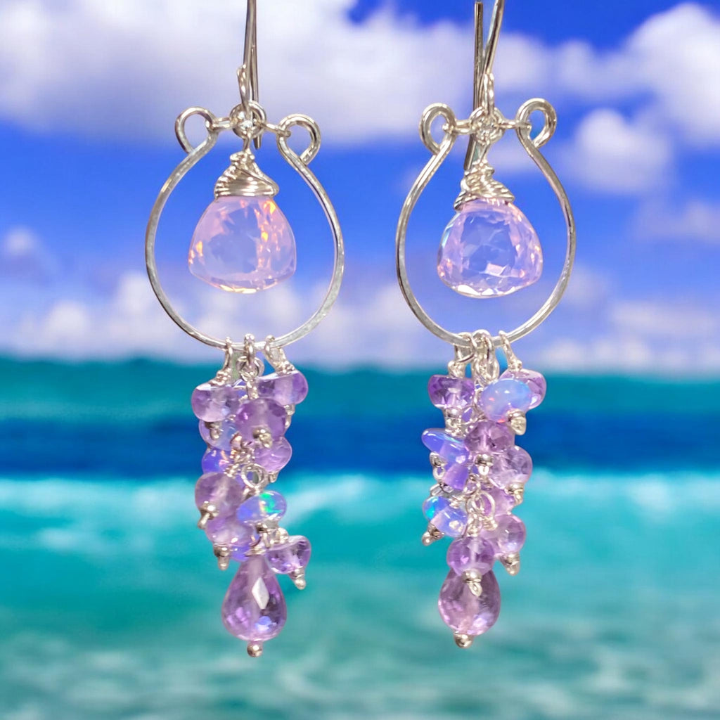 One of a kind lavender quartz and pink amethyst chandelier earrings wire-wrapped in sterling silver