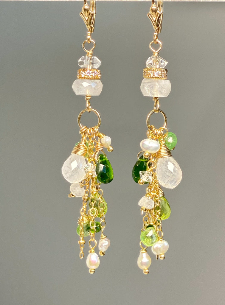 Green Gemstone Boho Dangle Earrings Peridot Chrome Diopside Tsavorite Gold 3