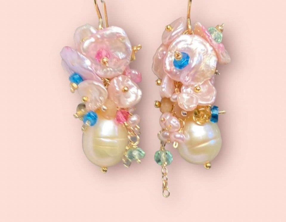 Pink Pearl Cluster Earrings with Blush Keishi Pearls