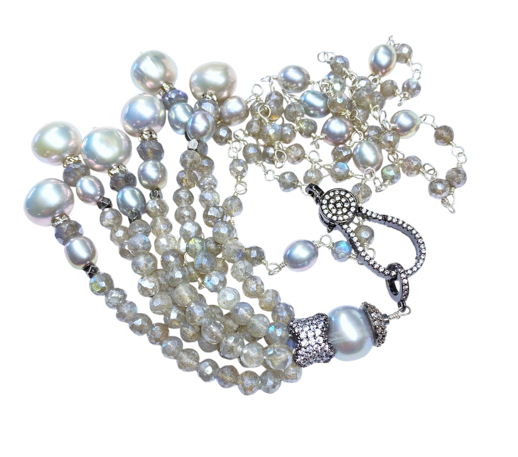 Mystic Labradorite Beaded Tassel Necklace Wire Wrap Sterling Silver