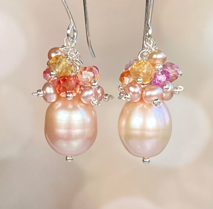 Blush Pink Pearl Cluster Earrings with Padparadscha Sapphires, Sterling Silver