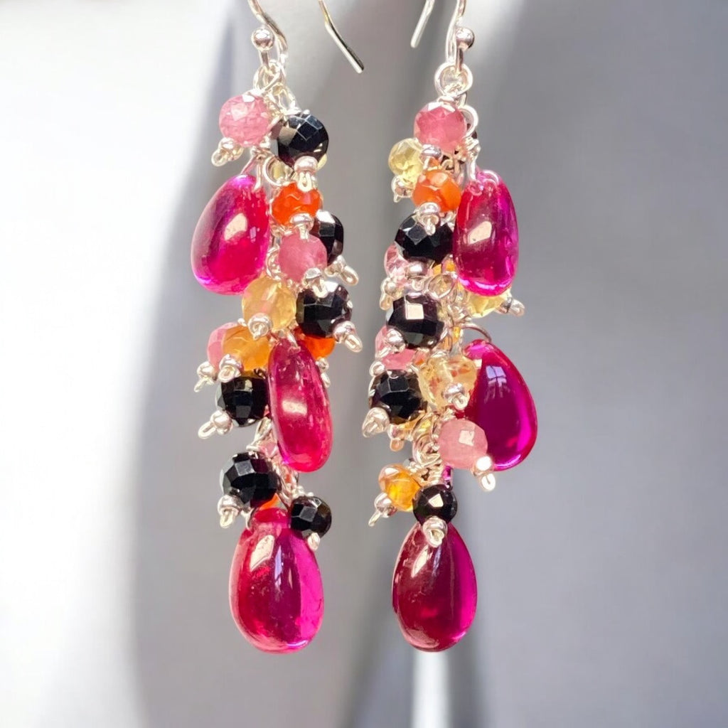 Rubellite Multi Gemstone Long Dangle Earrings Sterling Silver