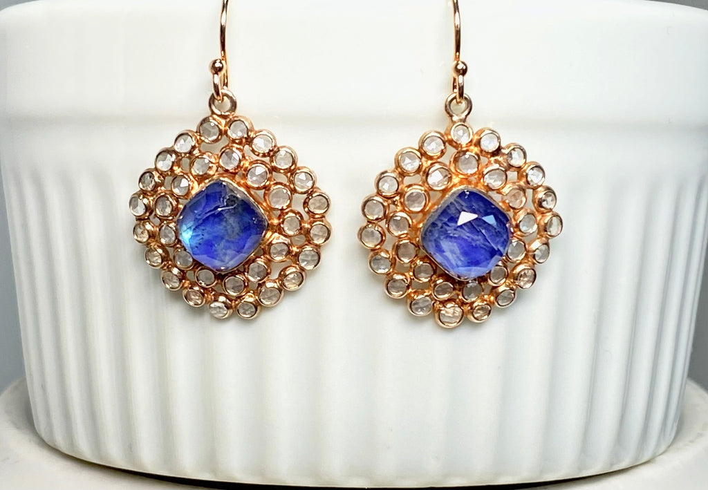 Rose Gold Earrings Pave White Topaz Kyanite Dangle Blue & White