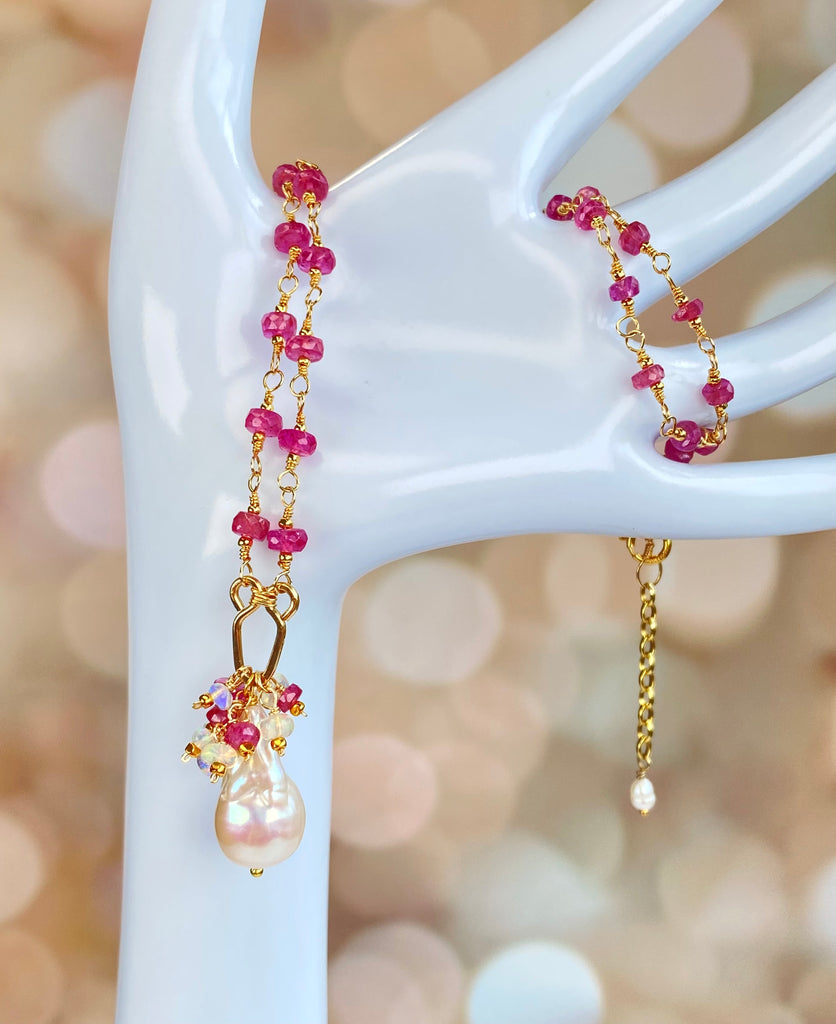Pink Sapphire Gold Fill Wire Wrap Necklace Rosary Style Baroque Pearl Pendant