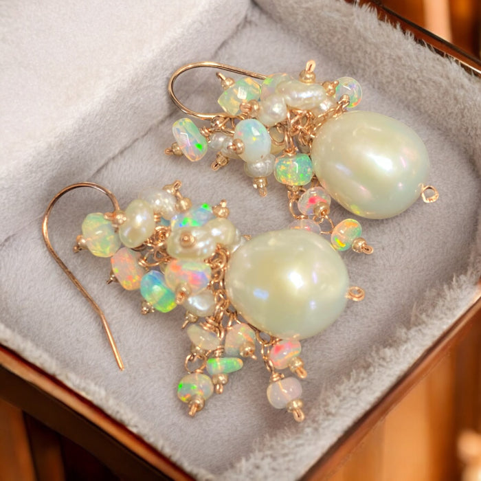 Pearl and Ethiopian Opal Cluster Earrings