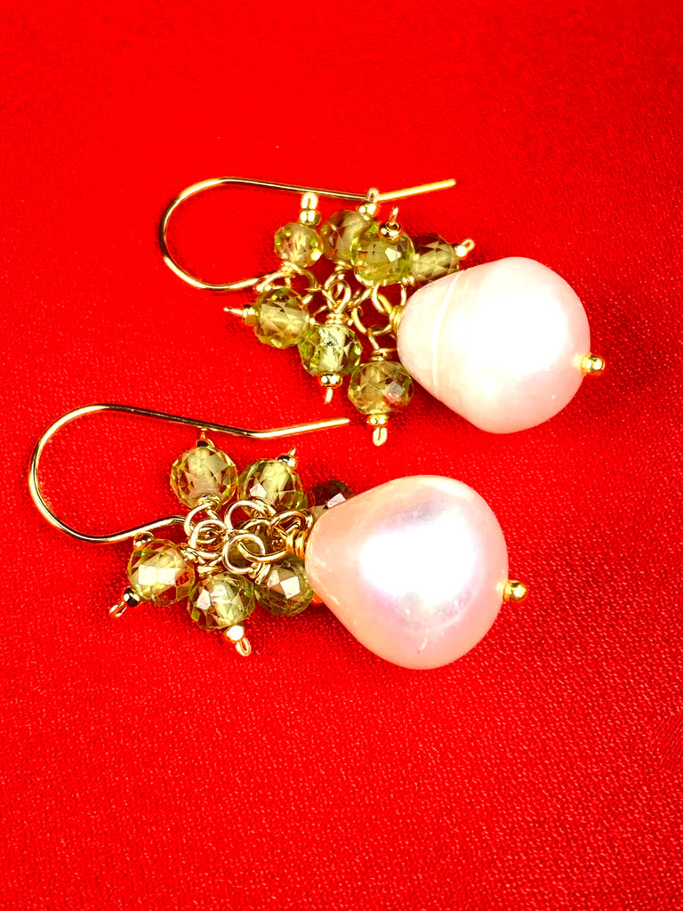 Peridot and Pearl Cluster Earrings, Silver or Gold Fill, 14k Gold Fill - Doolittle