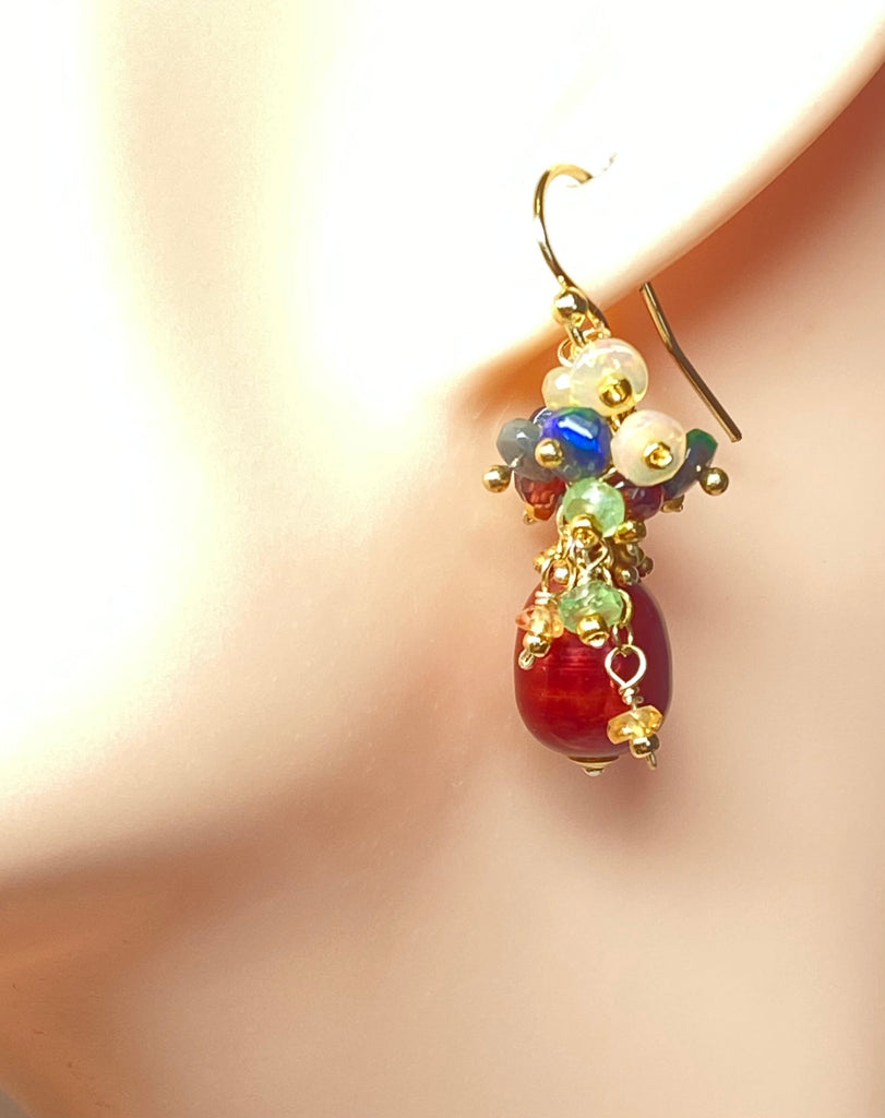 Red Pearl, Opal and Garnet Cluster Earrings Gold Fill 2