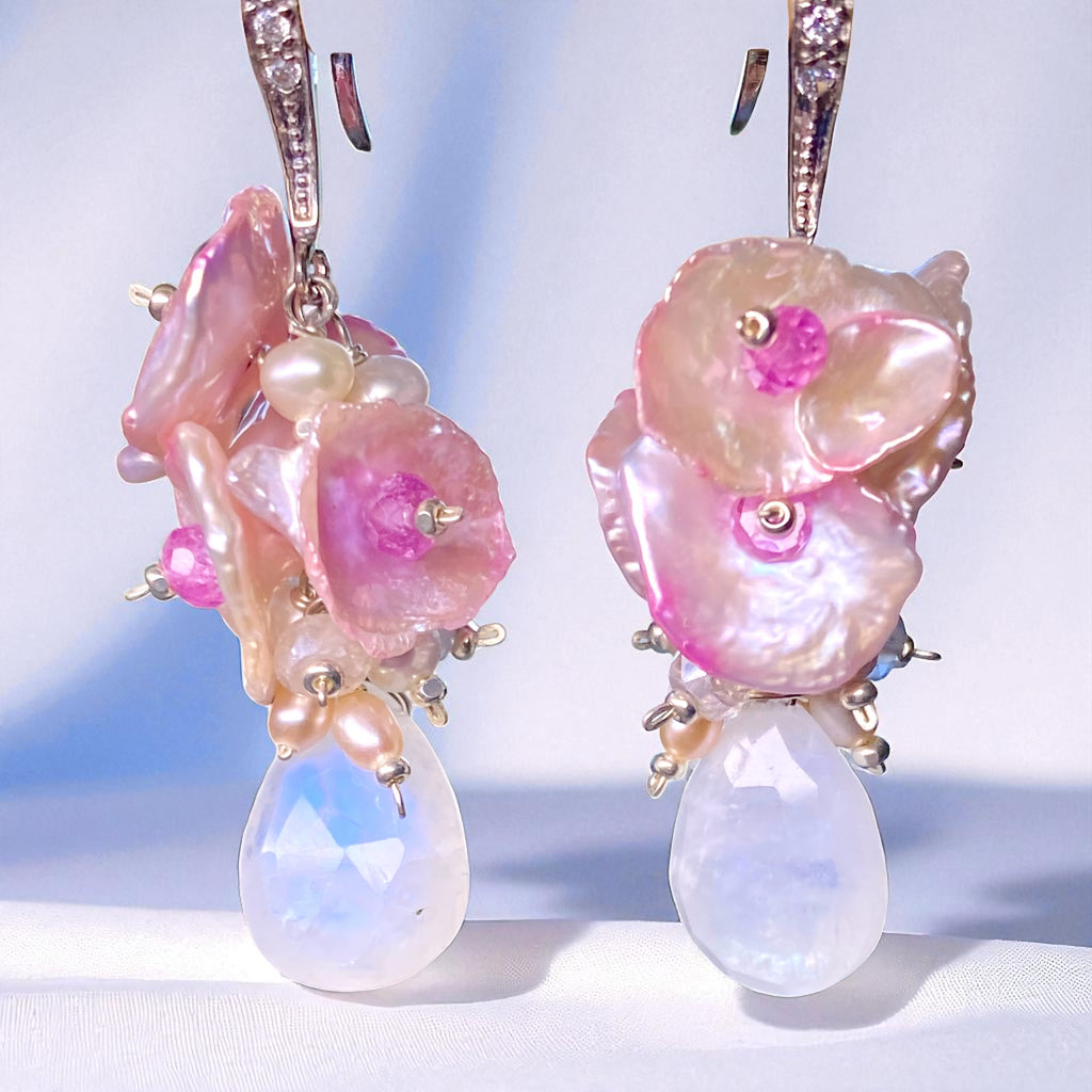 Moonstone, Pink Keishi Pearl, Pink Sapphire Cluster Earrings