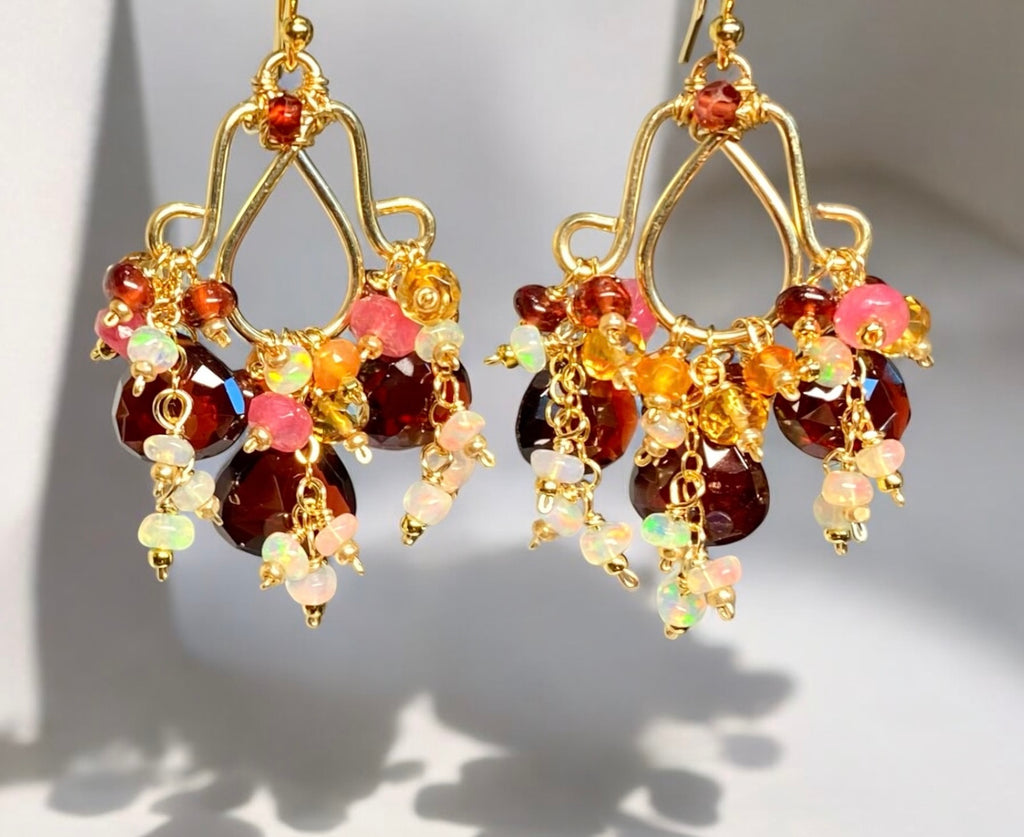 Red Garnet Chandelier Earrings Opal Dangle Gold Fill