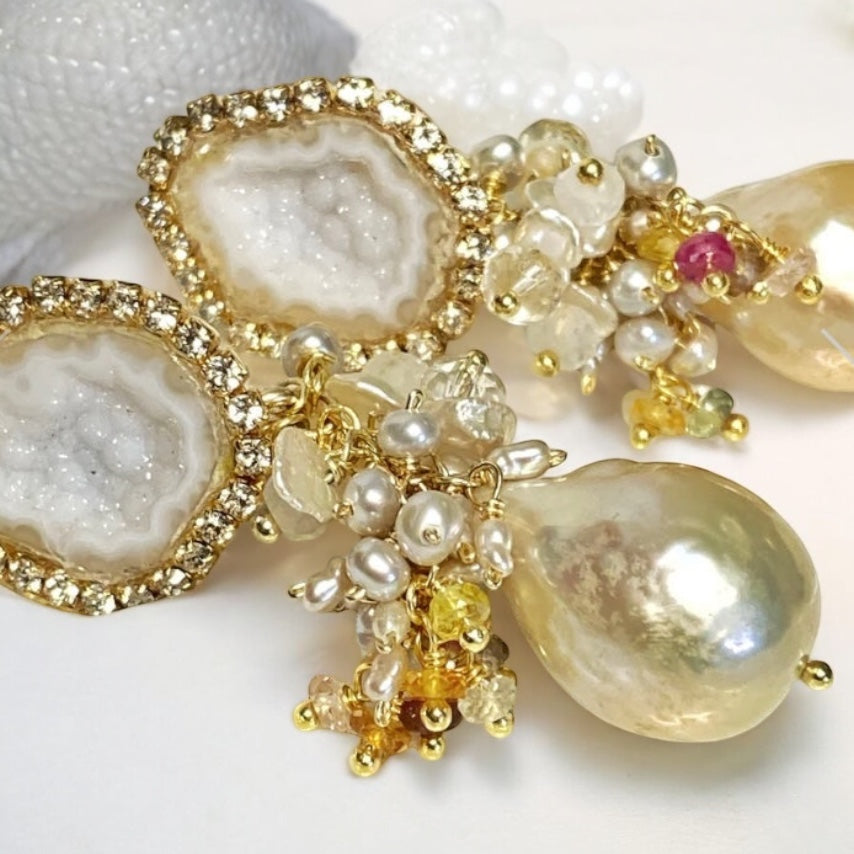 White Tabasco Geode Wedding Earrings with Ivory Edison Pearls