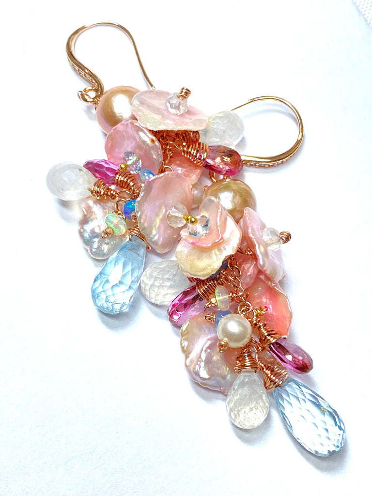 Blush Keishi Pearl Pink Topaz Pink Pearl Rose Gold Long Dangle Bridal Earrings - Doolittle