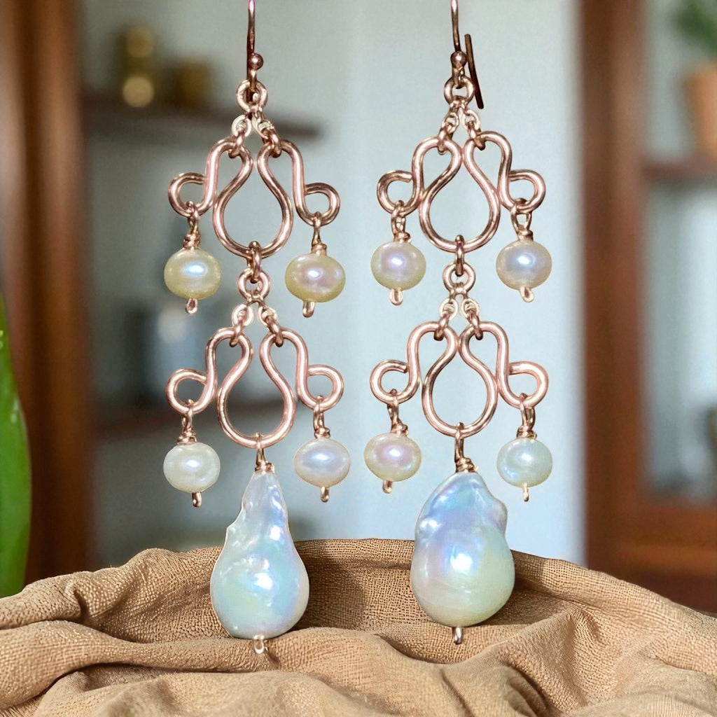 Baroque Pearl Rose Gold Chandelier Earrings