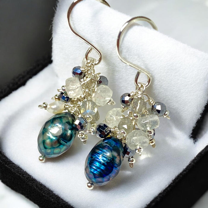 Petite Peacock Pearl Cluster Earrings — Pearl, Moonstone, Labradorite, Mystic Black Terahertz