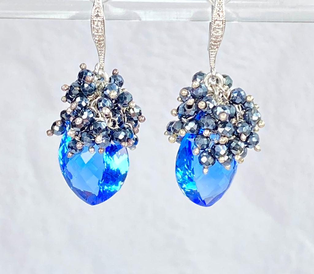 Blue Topaz and Black Spinel Cluster Earrings Sterling Silver
