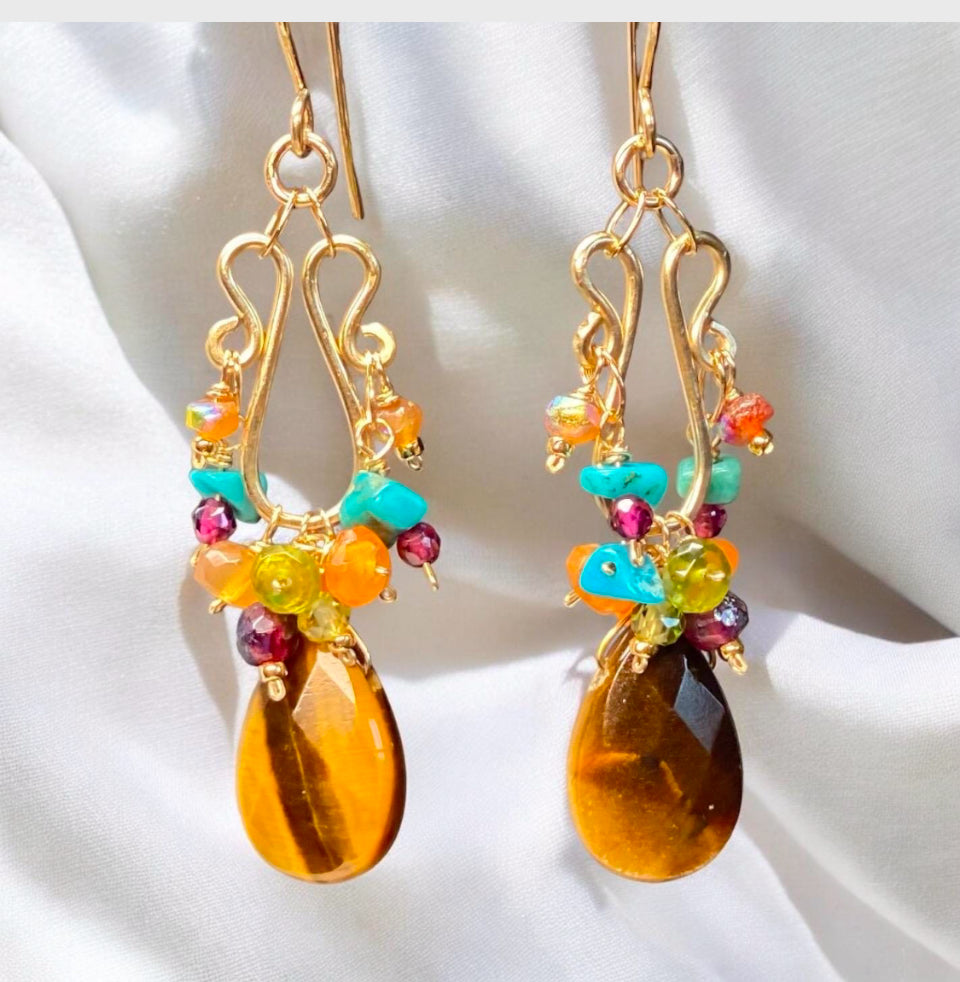 Tiger Eye Multicolor Gemstone Gold Chandelier Earring