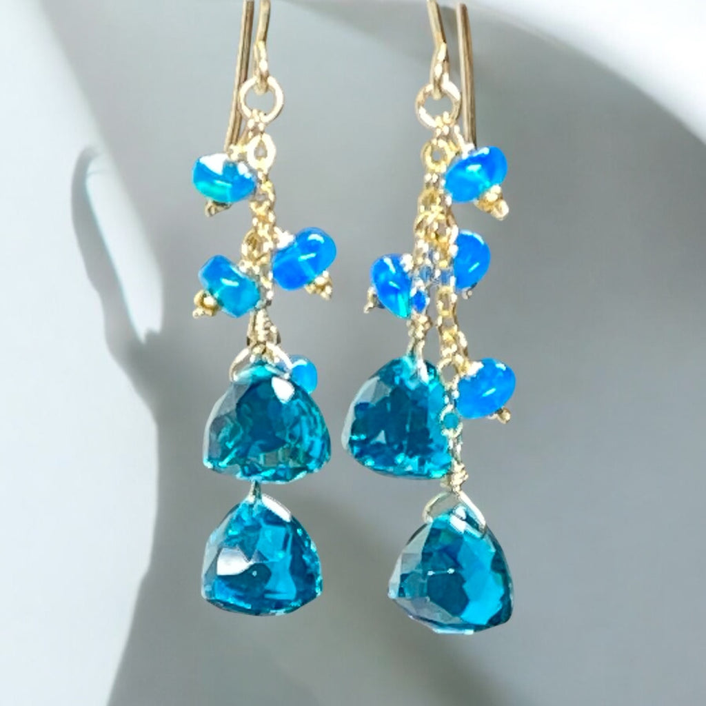 Teal Quartz and Opal Dangle Earrings Gold Fill