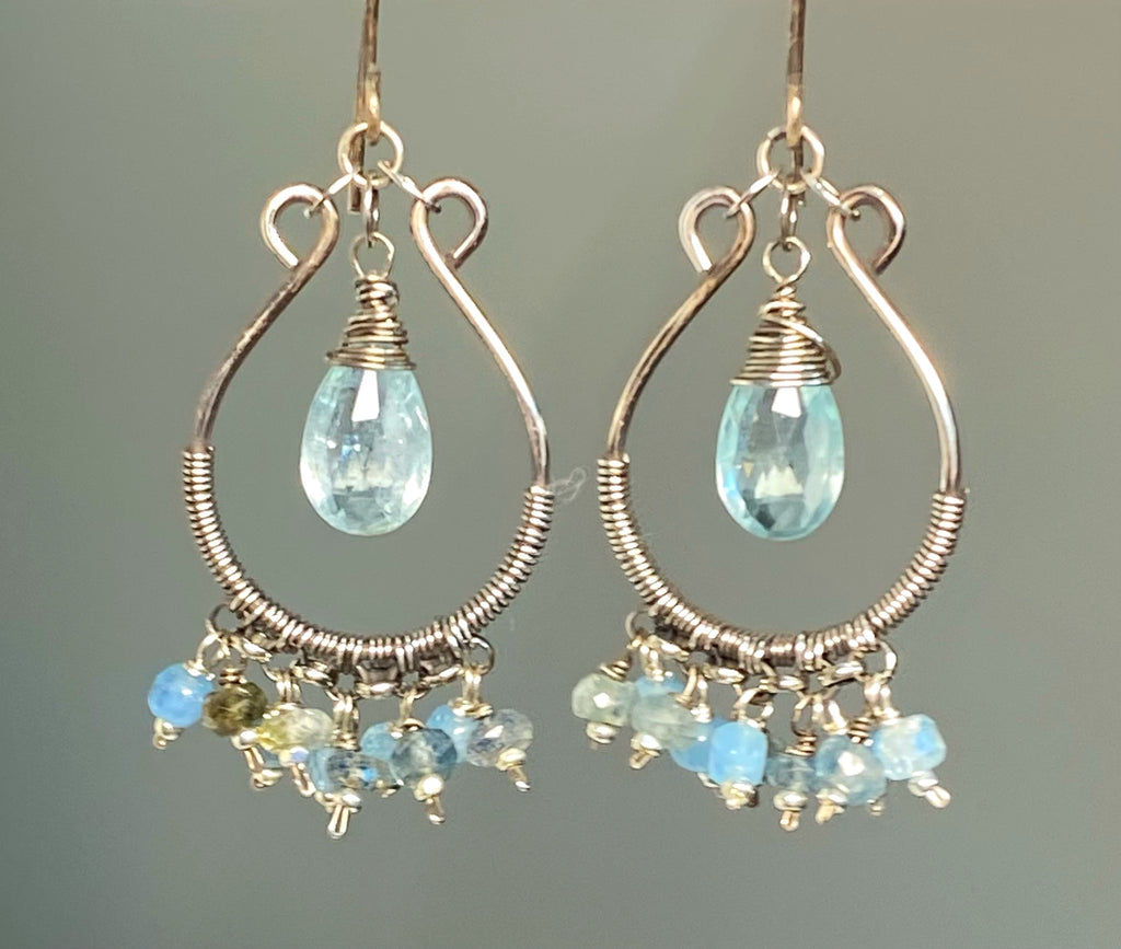 Aquamarine Oxidized Sterling Silver Hoop Chandelier Earrings