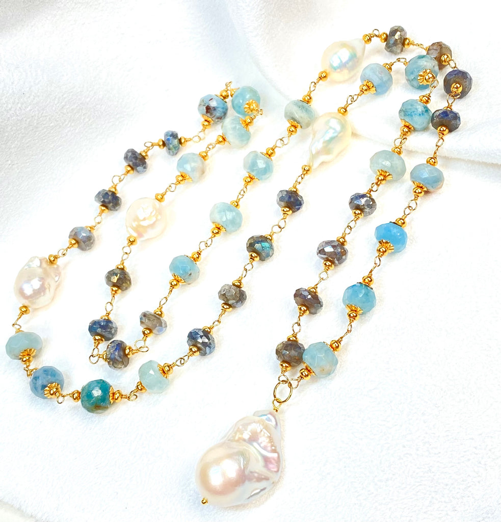 Aquamarine, Labradorite, Pearl Long Wire Wrapped Necklace