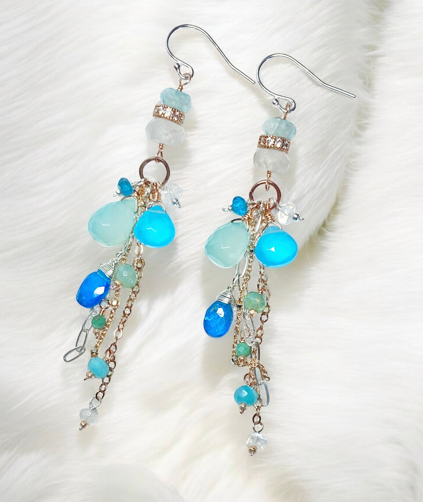 Long Boho Dangle Earrings with Aqua and Blue Chalcedony Mixed Metals